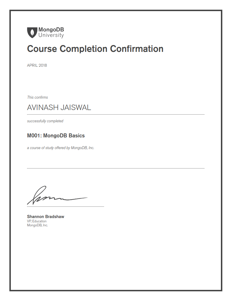 MongoDB basic course certificate